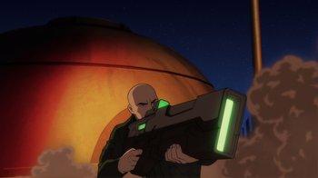 Movie still from “Superman: Man of Tomorrow” (2020), directed by Chris Palmer – A man holding a gun in front of an orange background; Medium shot, Low angle