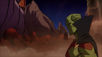 Movie still from “Superman: Man of Tomorrow” (2020), directed by Chris Palmer – An image of an animated scene with a mountain in the background; Extreme Wide shot, Low angle