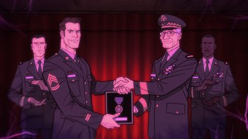 Movie still from “Superman: Man of Tomorrow” (2020), directed by Chris Palmer – Two men in uniform shaking hands and holding a medal; Medium shot, Over the shoulder angle