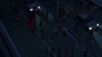 Movie still from “Superman: Man of Tomorrow” (2020), directed by Chris Palmer – A crowd of people walking down a street at night; Extreme Wide shot, High angle
