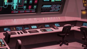 Movie still from “Superman: Man of Tomorrow” (2020), directed by Chris Palmer – A computer desk with a computer screen on the wall; Extreme Wide shot, High angle