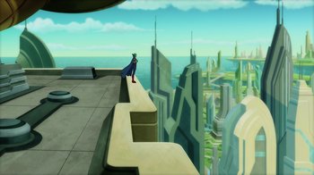 Movie still from “Superman: Man of Tomorrow” (2020), directed by Chris Palmer – A man standing on top of a building looking over a city; Extreme Wide shot, High angle