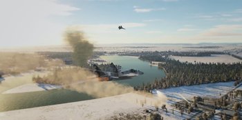 Movie still from “Superpower” (2023), directed by Aaron Kaufman – Two fighter jets are flying over a snowy lake; Extreme Wide shot, High angle