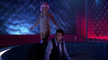 Movie still from “Closer” (2004), directed by Mike Nichols – A man and a woman dressed up in lingerie; Medium shot, Over the shoulder angle