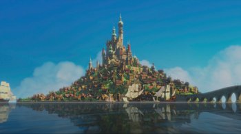 Movie still from “Tangled” (2010), directed by Byron Howard – A painting of a castle on top of a hill; Extreme Wide shot, Low angle