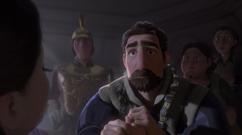 Movie still from “Tangled” (2010), directed by Byron Howard – A group of men standing next to each other; Medium shot, Over the shoulder angle