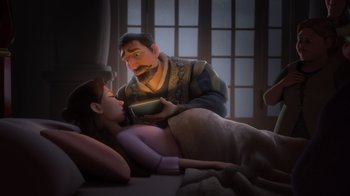 Movie still from “Tangled” (2010), directed by Byron Howard – A man and a woman laying on a bed; Medium shot, Over the shoulder angle