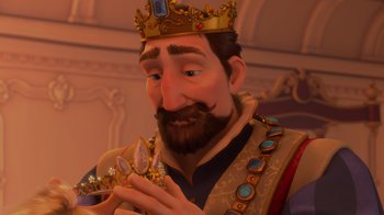 Movie still from “Tangled” (2010), directed by Byron Howard – A man with a beard wearing a crown and holding a pair of earrings; Close Up shot, High angle