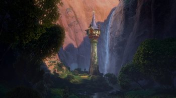 Movie still from “Tangled” (2010), directed by Byron Howard – A painting of a castle tower in the middle of a forest; Extreme Wide shot, Low angle