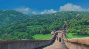 Movie still from “Tangled” (2010), directed by Byron Howard – A painting of a couple of people walking down a road; Extreme Wide shot, High angle