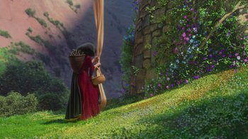 Movie still from “Tangled” (2010), directed by Byron Howard – An animated scene of a woman carrying a basket of flowers; Wide shot, Low angle