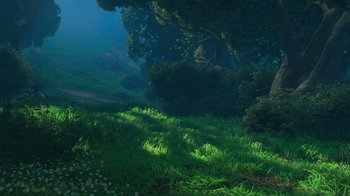 Movie still from “Tangled” (2010), directed by Byron Howard – A grassy area in the middle of a forest; Extreme Wide shot, High angle
