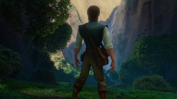 Movie still from “Tangled” (2010), directed by Byron Howard – A man standing in front of a mountain with trees in the background; Wide shot, Low angle