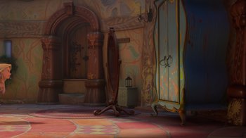 Movie still from “Tangled” (2010), directed by Byron Howard – An old fashioned mirror in the corner of a room; Wide shot, Over the shoulder angle