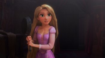 Movie still from “Tangled” (2010), directed by Byron Howard – A girl in a purple dress holding a knife; Medium shot, Over the shoulder angle