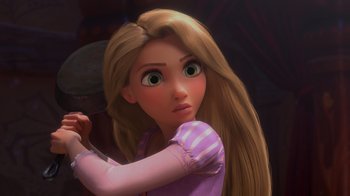 Movie still from “Tangled” (2010), directed by Byron Howard – A person with long brown hair; Close Up shot, Over the shoulder angle