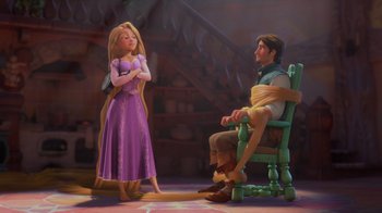 Movie still from “Tangled” (2010), directed by Byron Howard – Rapunzel and flynn rider in a scene from the movie tangled; Wide shot, Over the shoulder angle