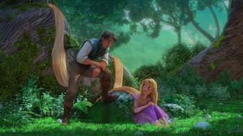 Movie still from “Tangled” (2010), directed by Byron Howard – A man and a woman in a forest; Wide shot, Over the shoulder angle