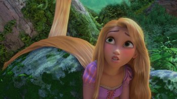 Movie still from “Tangled” (2010), directed by Byron Howard – A person with long blonde hair; Close Up shot, Over the shoulder angle