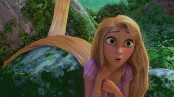 Movie still from “Tangled” (2010), directed by Byron Howard – A cartoon character looking surprised; Close Up shot, Over the shoulder angle