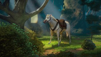 Movie still from “Tangled” (2010), directed by Byron Howard – A white horse standing in a green field; Wide shot, Low angle