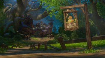 Movie still from “Tangled” (2010), directed by Byron Howard – An image of an animated scene in a forest; Extreme Wide shot, Low angle