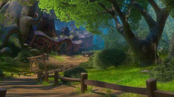 Movie still from “Tangled” (2010), directed by Byron Howard – An image of an outside scene with a horse in the background; Extreme Wide shot, High angle