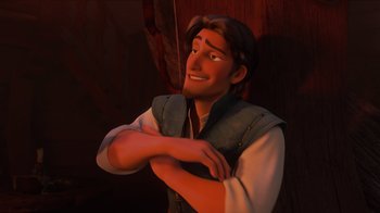 Movie still from “Tangled” (2010), directed by Byron Howard – A person with his arms crossed; Medium shot, High angle