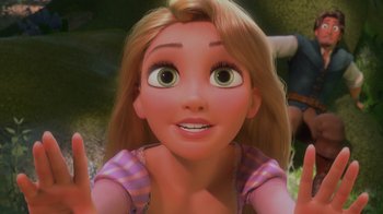 Movie still from “Tangled” (2010), directed by Byron Howard – A girl's face with green eyes; Close Up shot, Low angle