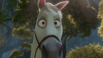 Movie still from “Tangled” (2010), directed by Byron Howard – A horse with a sad look on its face; Close Up shot, High angle
