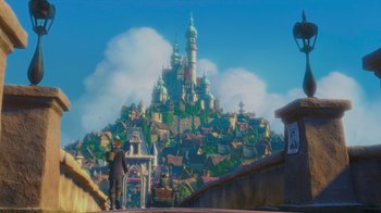 Movie still from “Tangled” (2010), directed by Byron Howard – A man standing on a roof looking at a castle; Extreme Wide shot, Low angle