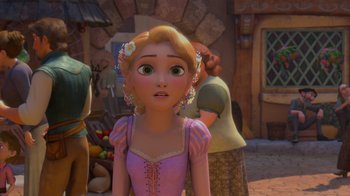 Movie still from “Tangled” (2010), directed by Byron Howard – A girl in a pink dress is standing in front of other people; Close Up shot, Over the shoulder angle