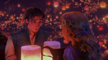 Movie still from “Tangled” (2010), directed by Byron Howard – A man and a woman are looking at each other; Medium shot, Over the shoulder angle