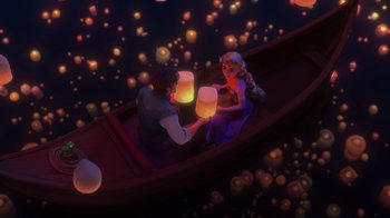 Movie still from “Tangled” (2010), directed by Byron Howard – Two people sitting in a boat holding candles; Extreme Wide shot, High angle