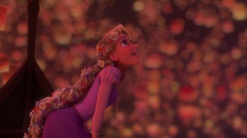 Movie still from “Tangled” (2010), directed by Byron Howard – A character from a cartoon; Medium shot, Low angle