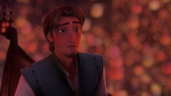 Movie still from “Tangled” (2010), directed by Byron Howard – A person wearing a suit and tie; Close Up shot, Over the shoulder angle
