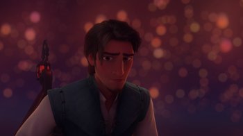 Movie still from “Tangled” (2010), directed by Byron Howard – A person wearing a shirt and vest; Close Up shot, Low angle