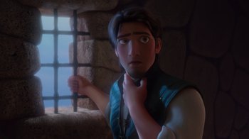 Movie still from “Tangled” (2010), directed by Byron Howard – A man with a beard is standing in front of a window; Close Up shot, Low angle