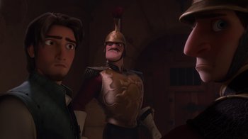 Movie still from “Tangled” (2010), directed by Byron Howard – A person wearing a helmet; Medium shot, Over the shoulder angle
