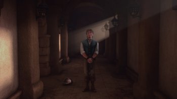 Movie still from “Tangled” (2010), directed by Byron Howard – A man standing in a room with a sword; Wide shot, High angle