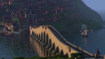 Movie still from “Tangled” (2010), directed by Byron Howard – A bridge over a body of water near a city; Extreme Wide shot, High angle