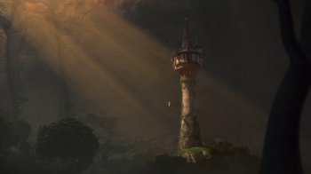Movie still from “Tangled” (2010), directed by Byron Howard – A painting of a light house in the middle of the night; Extreme Wide shot, Low angle