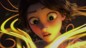 Movie still from “Tangled” (2010), directed by Byron Howard – A girl's face with green eyes; Close Up shot, Low angle