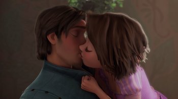 Movie still from “Tangled” (2010), directed by Byron Howard – A man and a woman are kissing each other; Close Up shot, Low angle