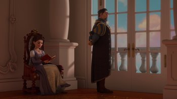 Movie still from “Tangled” (2010), directed by Byron Howard – A man and a woman standing in front of a door; Wide shot, Over the shoulder angle