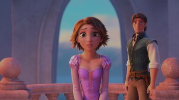 Movie still from “Tangled” (2010), directed by Byron Howard – A girl in a purple dress and a man in a green shirt; Medium shot, Over the shoulder angle