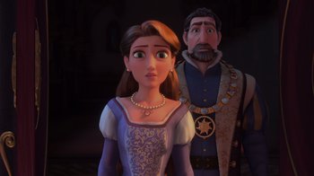 Movie still from “Tangled” (2010), directed by Byron Howard – A couple of people standing next to each other; Medium shot, Over the shoulder angle