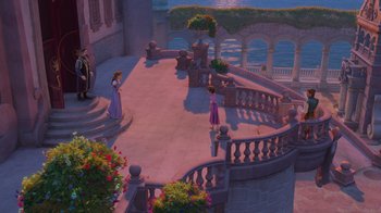 Movie still from “Tangled” (2010), directed by Byron Howard – Two women standing on the steps of a building; Extreme Wide shot, Over the shoulder angle