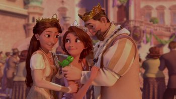 Movie still from “Tangled” (2010), directed by Byron Howard – A couple of people that are standing next to each other; Wide shot, Over the shoulder angle