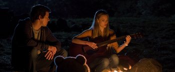Movie still from “Ted 2” (2015), directed by Seth MacFarlane – A woman playing a guitar while sitting next to a fire; Medium shot, Over the shoulder angle